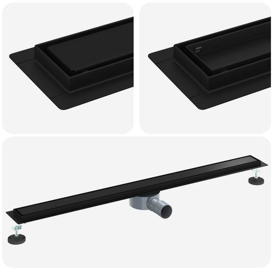 The black linear shower drain with adjustable feet and siphon connection