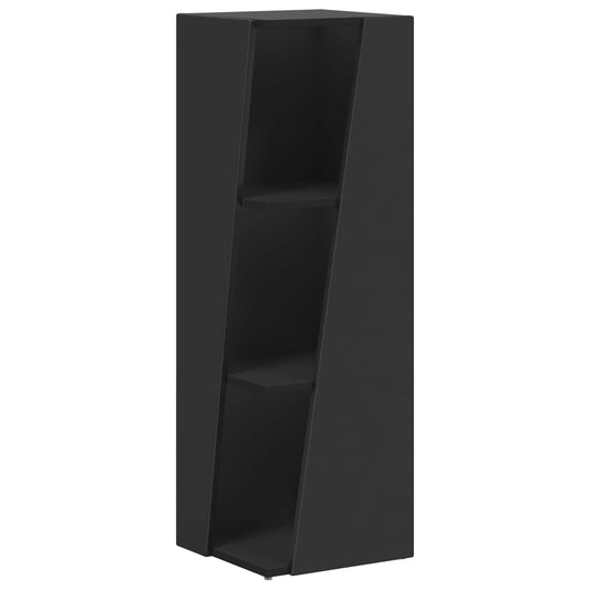 Black engineered wood standing shelf with three shelves