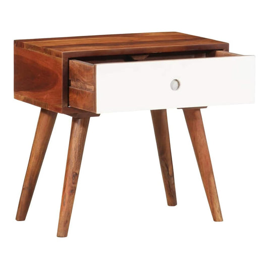 The acacia end table with an open drawer revealing a white interior and a round handle