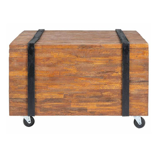 The back of the teak side table with a slatted wooden design and black straps