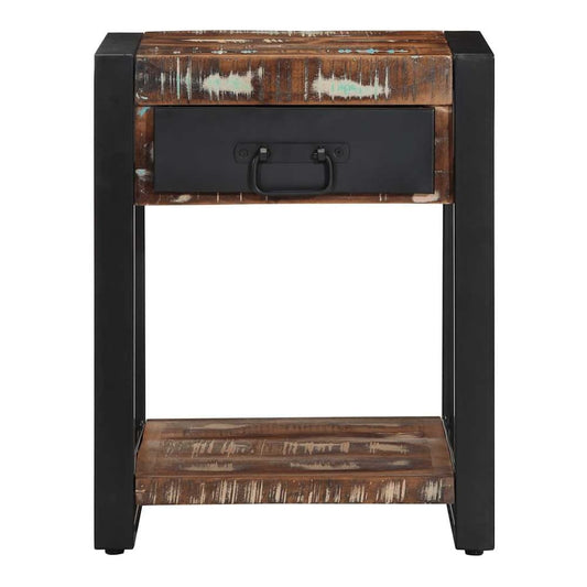 The multicoloured reclaimed wood side table with black metal frame, front view