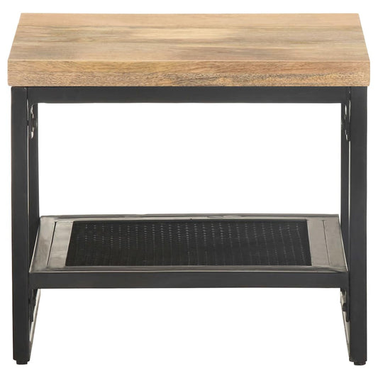 The end table from the front with its wooden top and metal mesh shelf