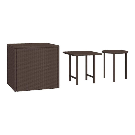 Three brown poly rattan tables, one square and two round, shown separately