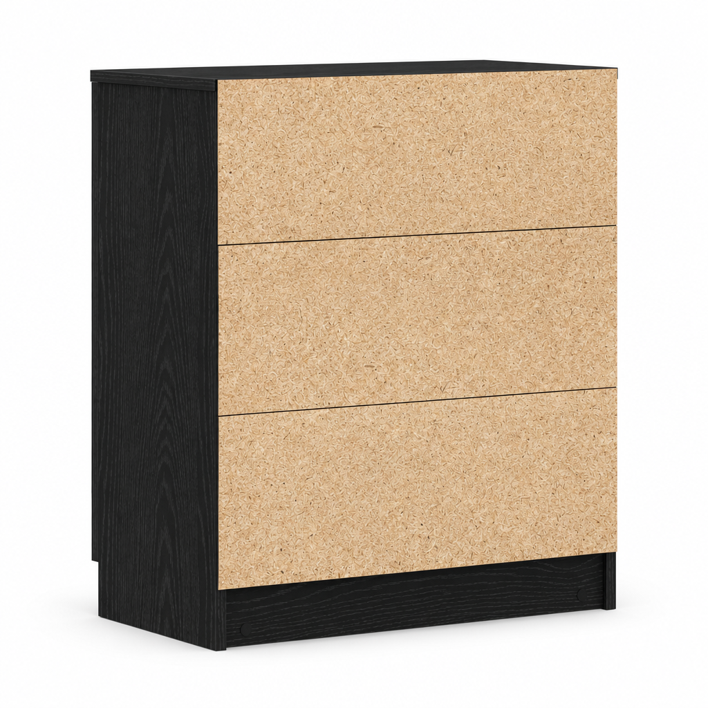 The black sideboard shown from the back with the unfinished panel visible
