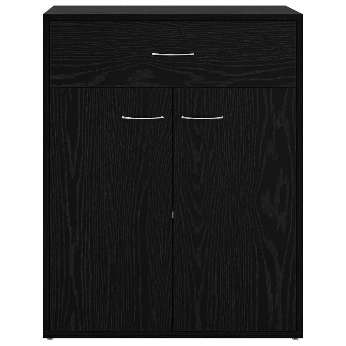 The black sideboard viewed directly from the front showing the drawer and doors