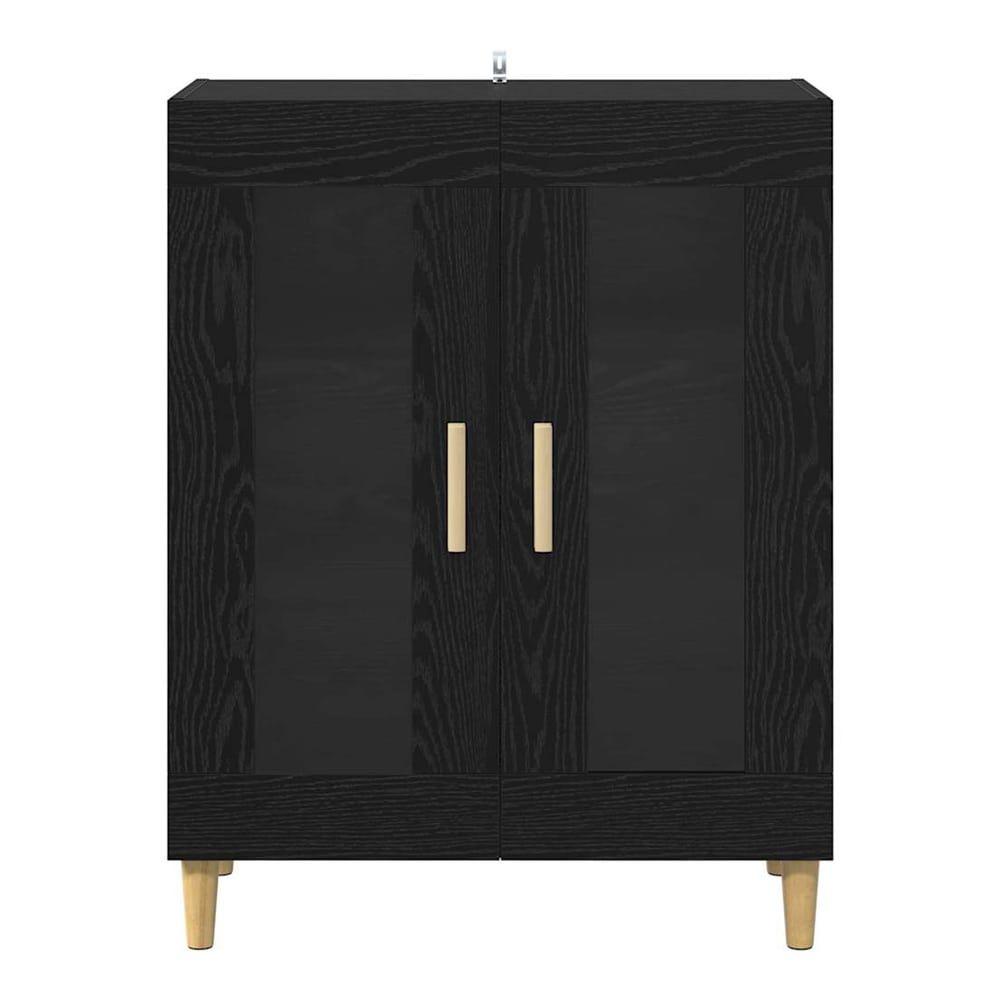A front view of the black oak sideboard with its doors closed and wooden handles