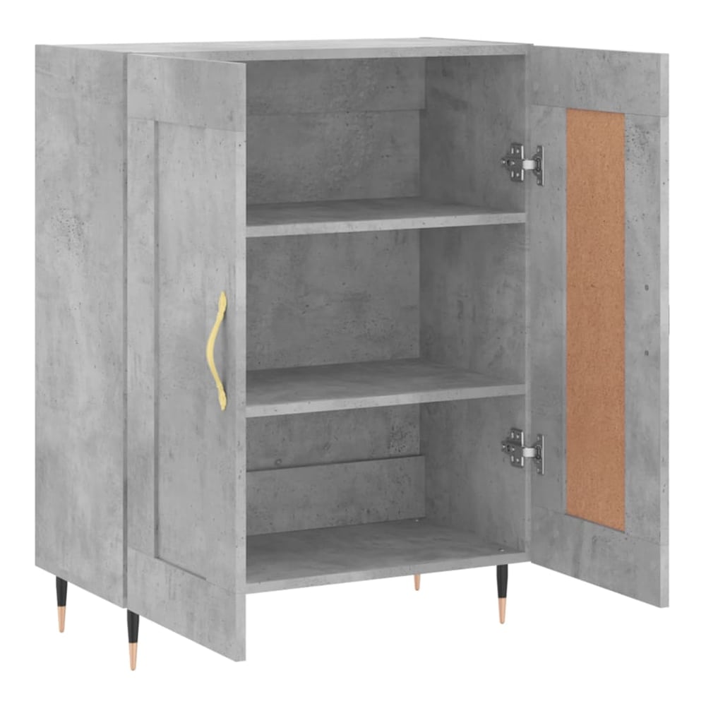 Concrete grey sideboard with both doors open showing shelves