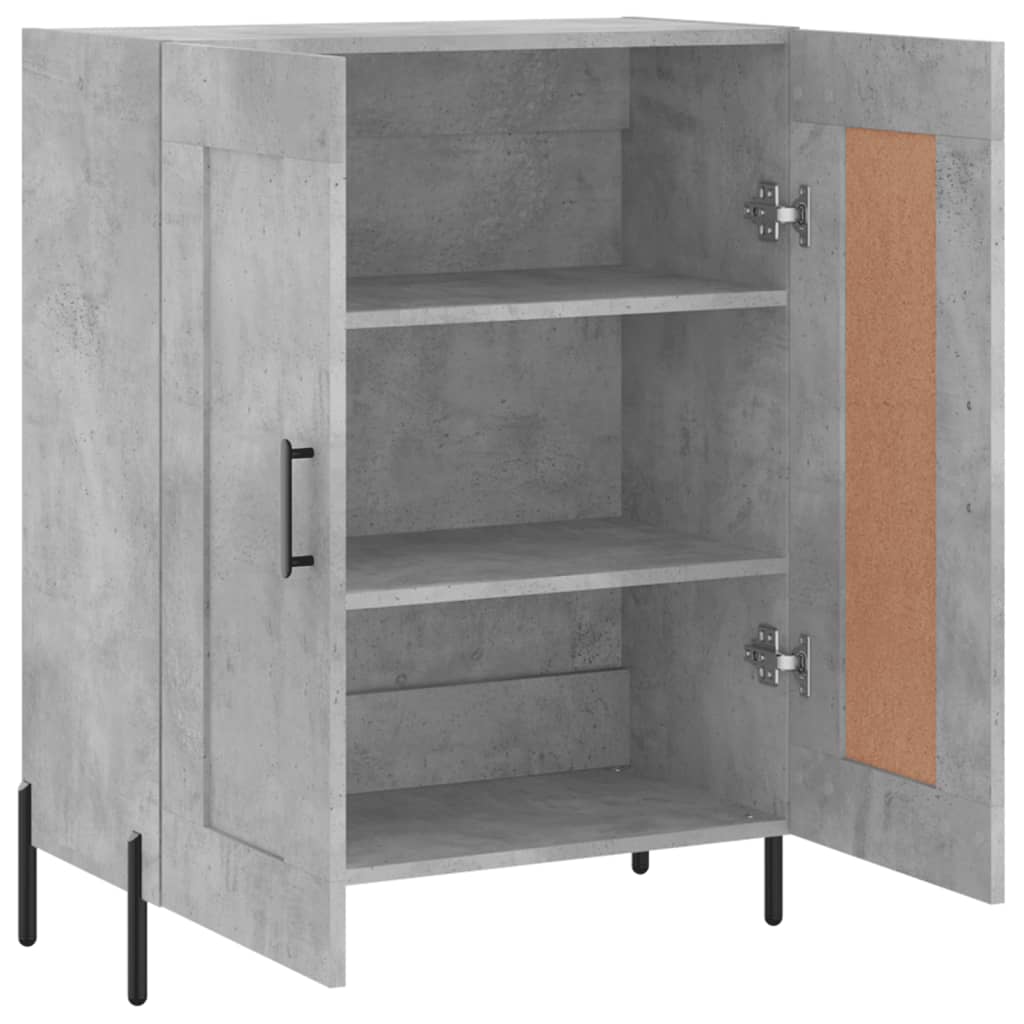 Open concrete grey sideboard showing three shelves with books and a basket inside
