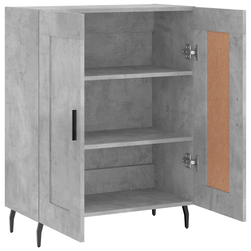The grey sideboard with doors open revealing the empty interior and metal hinges