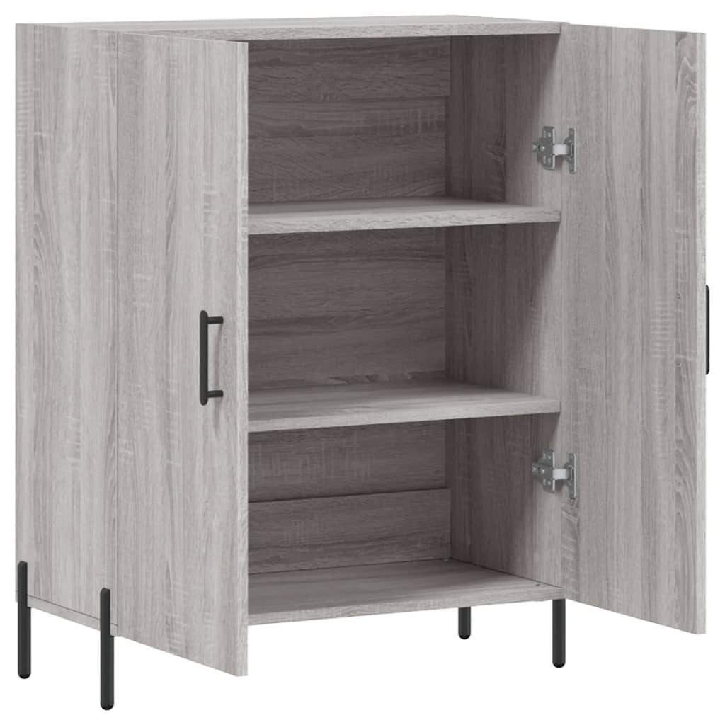 Open grey sideboard with two shelves, showing the interior storage space