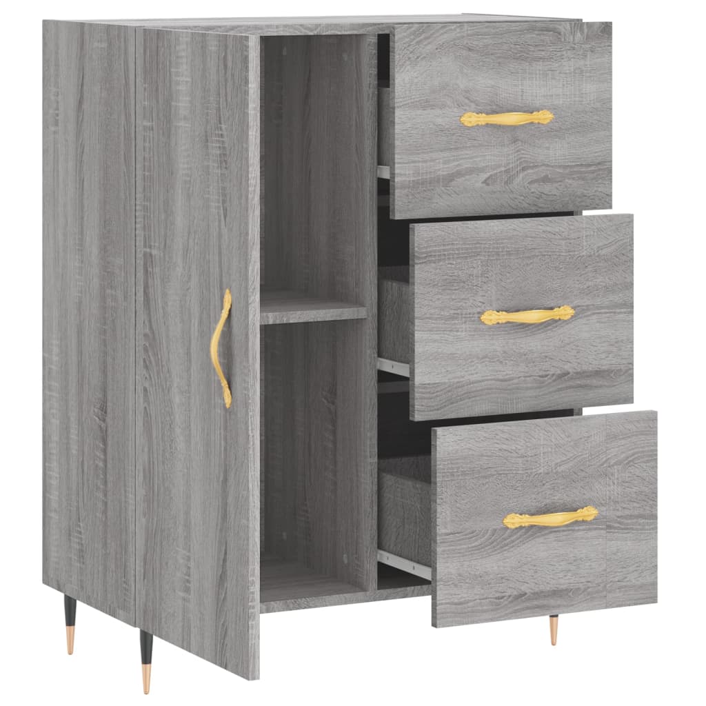 Sideboard with cupboard door open and three drawers partially open
