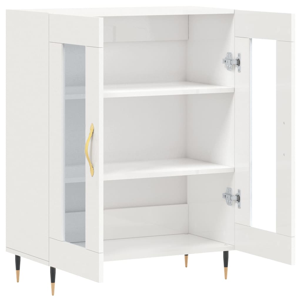 The open white sideboard with glass doors and gold handles, showing shelves