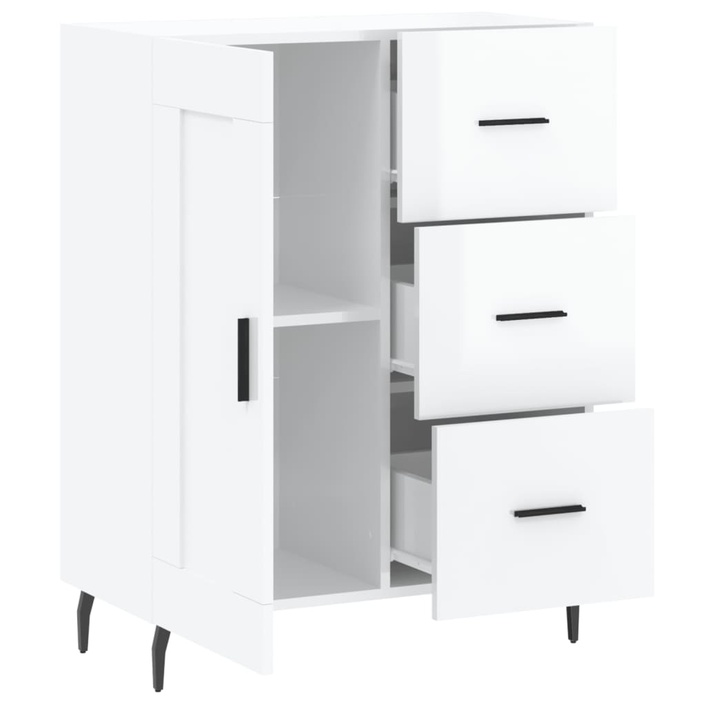 The white sideboard with the door and all three drawers pulled out to show the interior