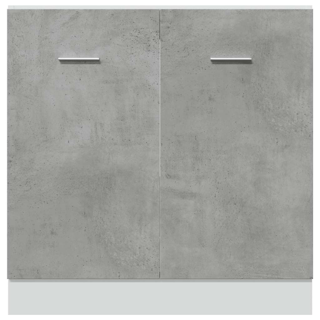 Close-up of the concrete grey doors of the sink base cabinet