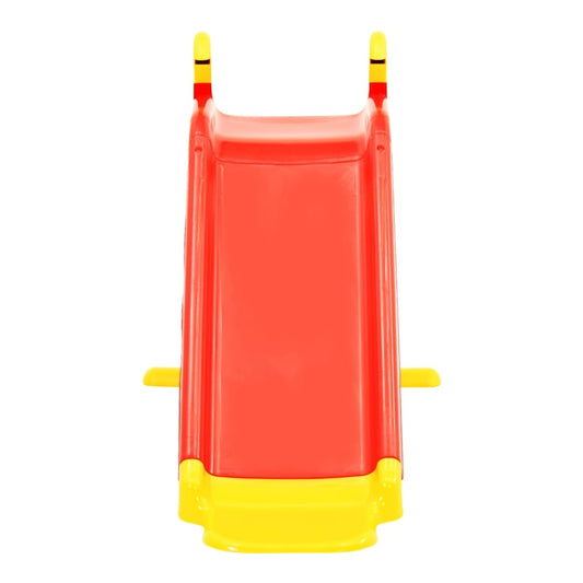 The kids slide seen directly from the front showing the red chute and yellow base