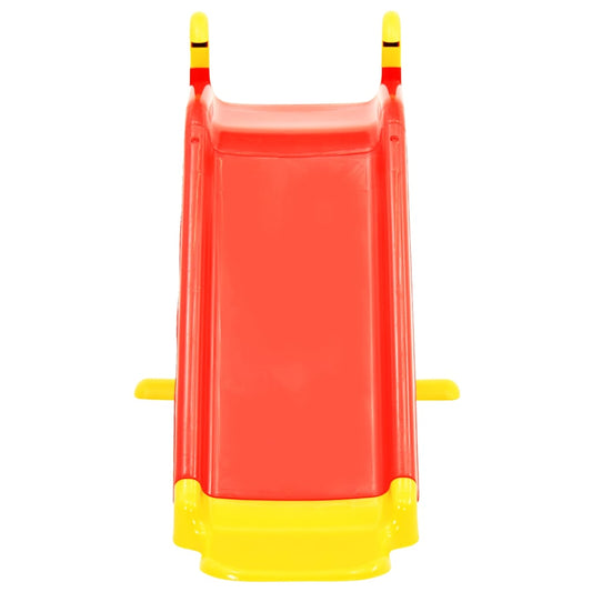The kids slide seen directly from the front showing the red chute and yellow base