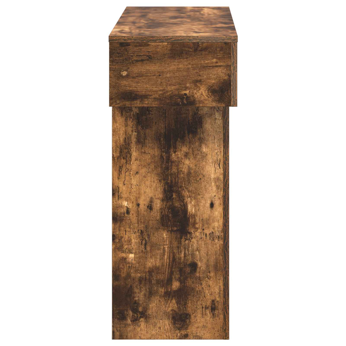 Smoked Oak, side view of the console table showing its rustic wood finish and structure
