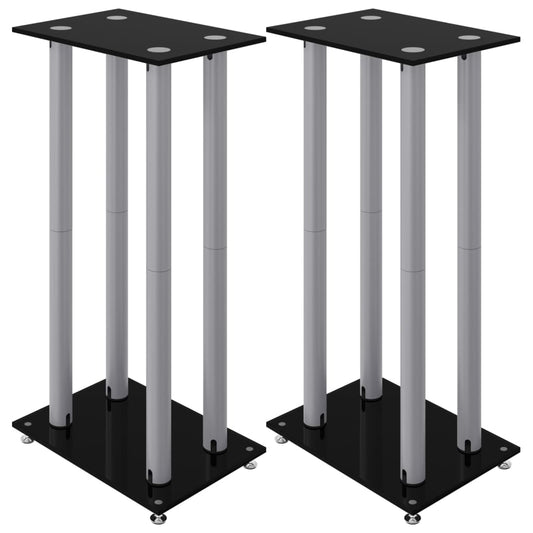 Two speaker stands with black bases and silver pillars