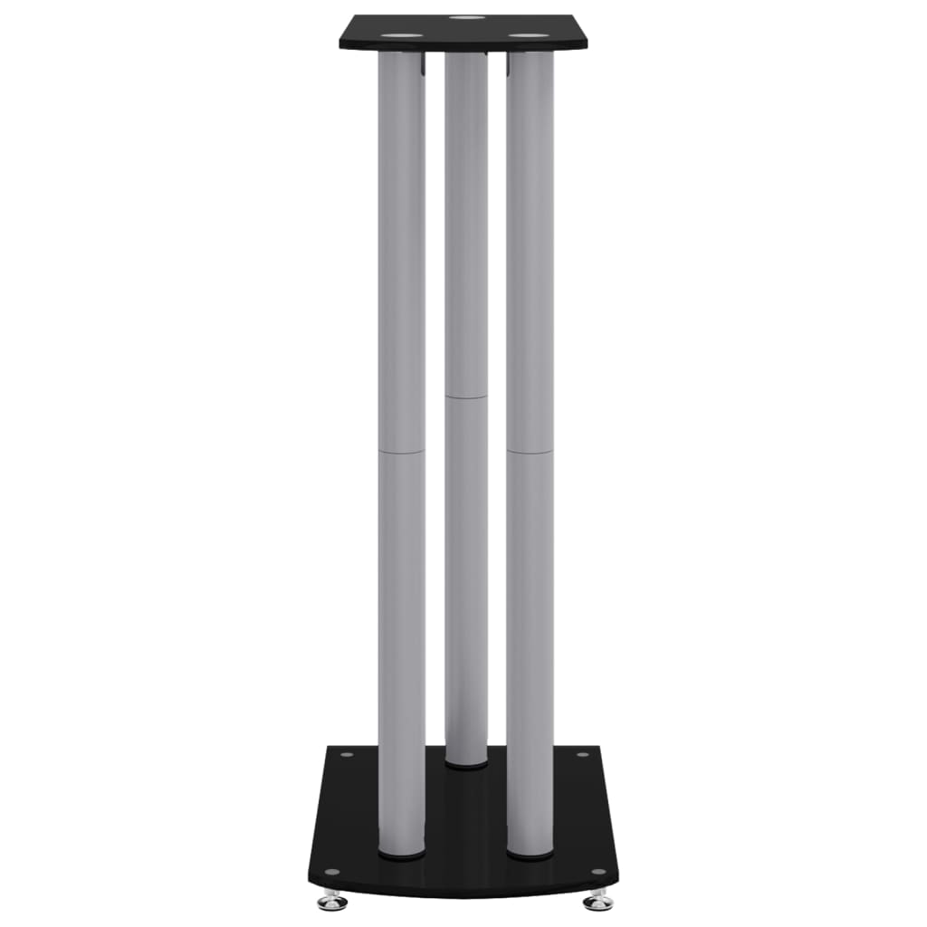 A black and silver speaker stand with three pillars, rear perspective