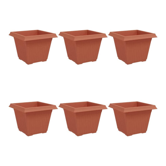 Six brick red plastic square planters shown together on a white background