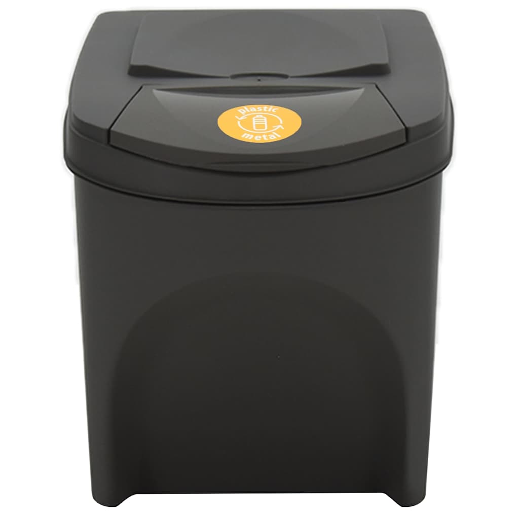Grey stackable garbage bin box with a yellow sticker on the lid