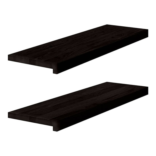 Two brown black solid wood oak stair treads shown from a side angle