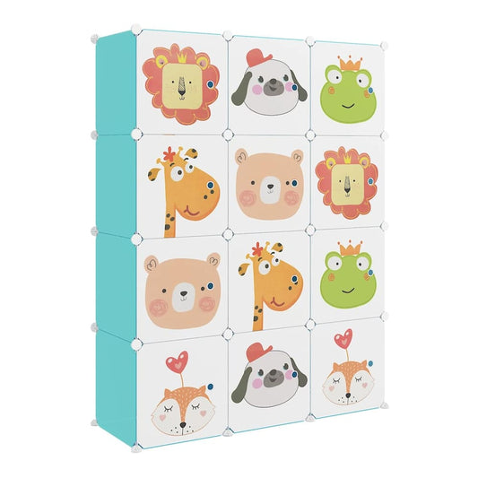 Green storage cabinet for children with 12 cubes, featuring cute animal designs on the doors
