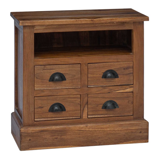 The solid teak wood chest of drawers with four drawers and an open shelf