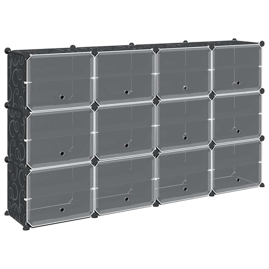 Black storage cube organiser with 12 clear doors, showing the full unit