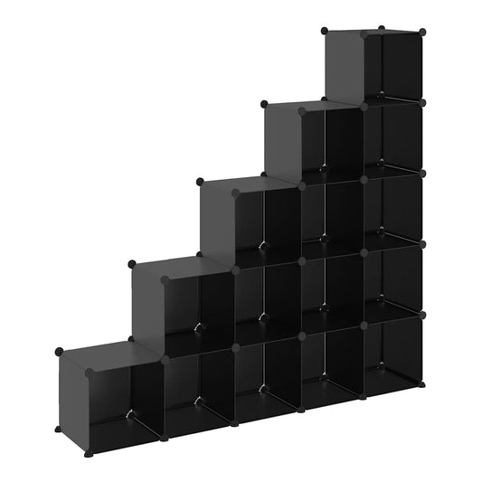 black plastic cube storage unit with 15 compartments shown from the front