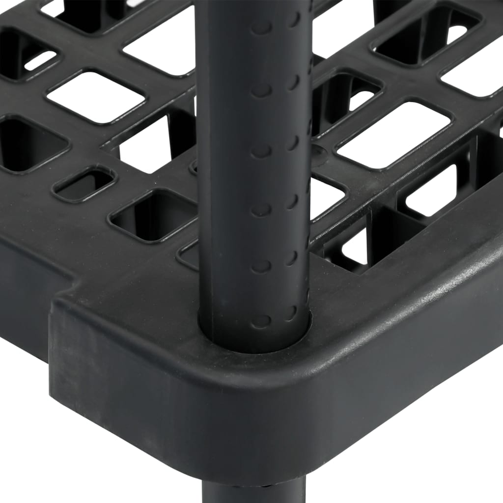 Close-up of the corner joint and shelf texture of the industrial shelving unit