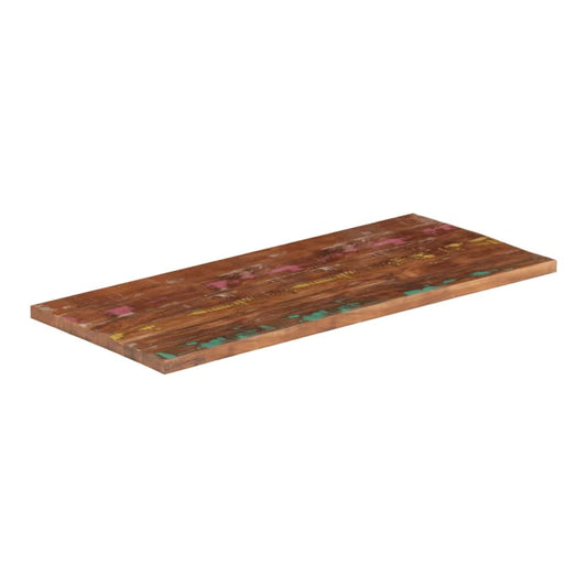 The rectangular solid wood reclaimed table top, showing the textured surface with colourful paint marks