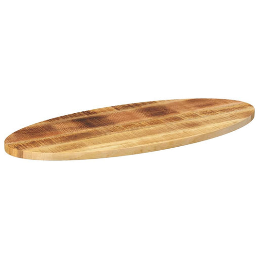 The oval table top is made of solid mango wood with a natural finish and visible grain