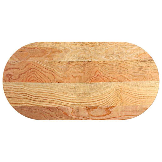 The oval table top showing its natural wood grain and light brown colour