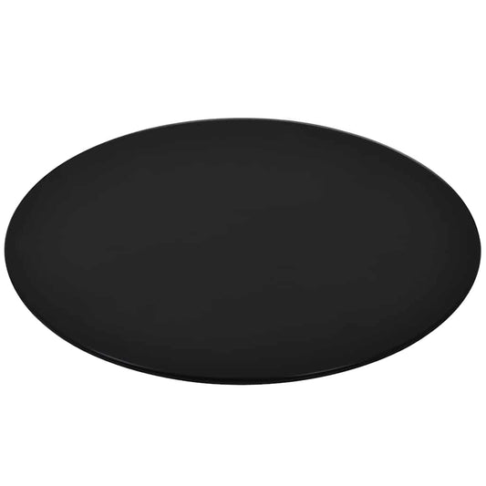 The round glass table top shown from a slight angle on a white background