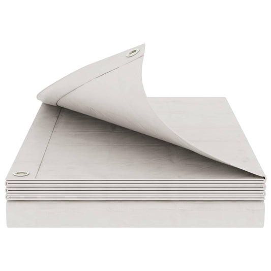 The white tarpaulin folded neatly with a corner lifted to show the surface texture