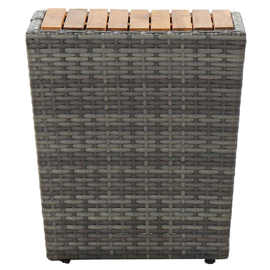This outdoor table has a woven grey poly rattan body and a wooden slatted top