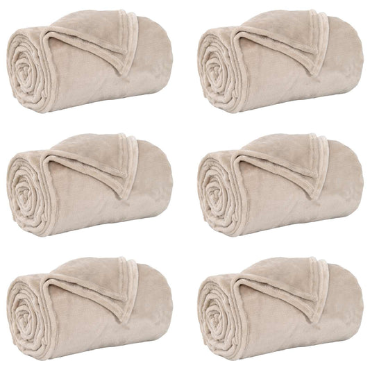 six beige fleece blankets rolled up and arranged in two rows