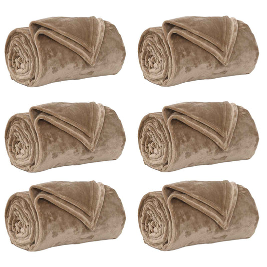 Six camel fleece blankets rolled up and placed side by side