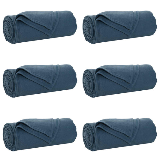 the navy blue blankets arranged in a grid of six individual rolls on a white background