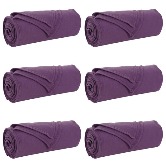 the purple blankets arranged in two columns of three rolls against a plain white background