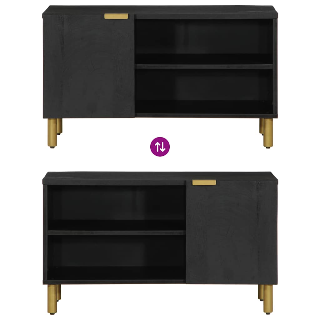 The black media storage cabinet shown from the front and with an arrow indicating door movement