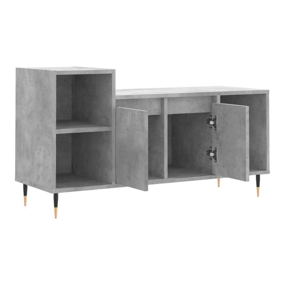 The concrete grey TV cabinet with all doors open showing storage compartments