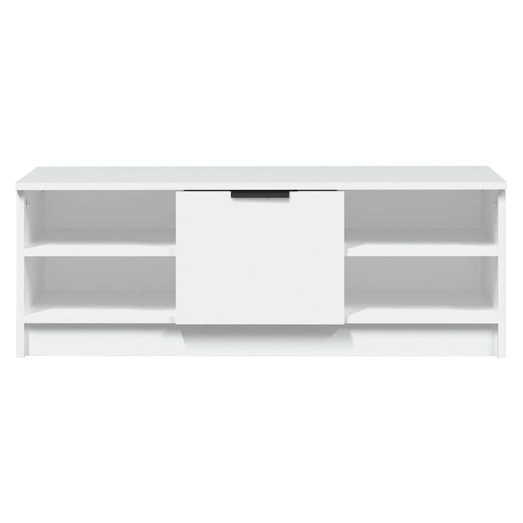 the white engineered wood TV cabinet from the front with a central drawer