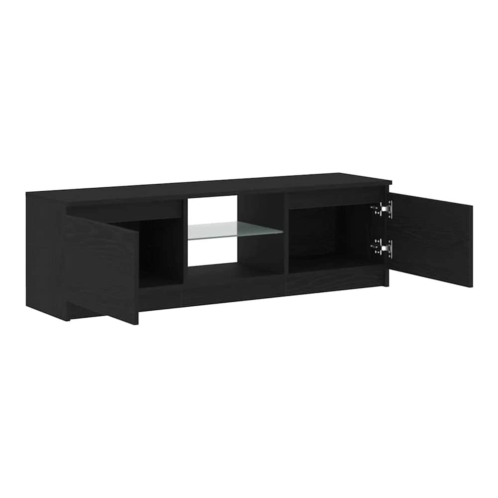 Black oak TV cabinet with LED lights, showing the open compartments and doors