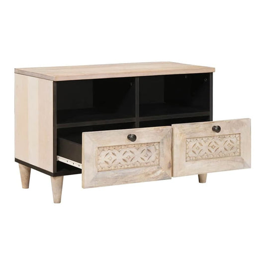 The white engineered wood TV unit with two drawers and two open shelves