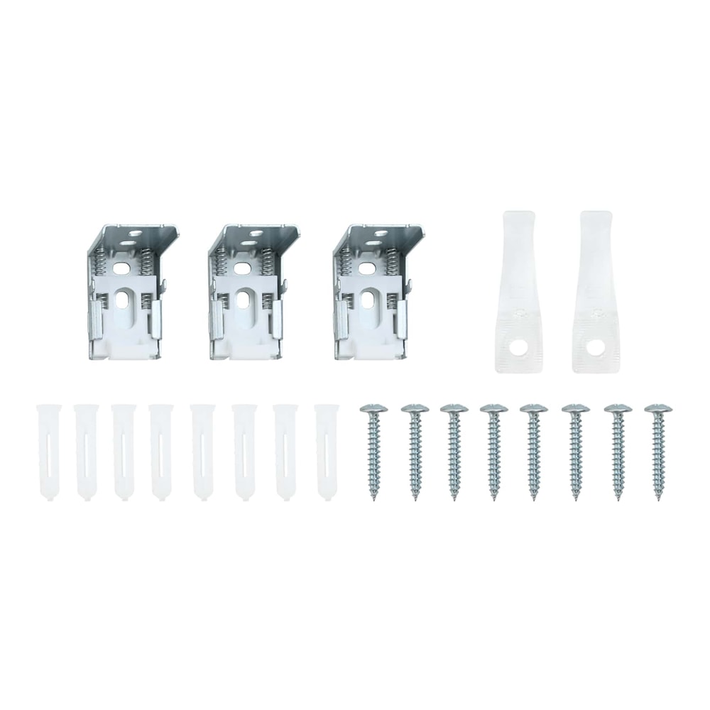 The metal mounting brackets and installation hardware for the wooden window blind