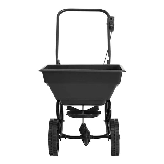 A black wheeled spreader with a large hopper and handle, viewed from the front