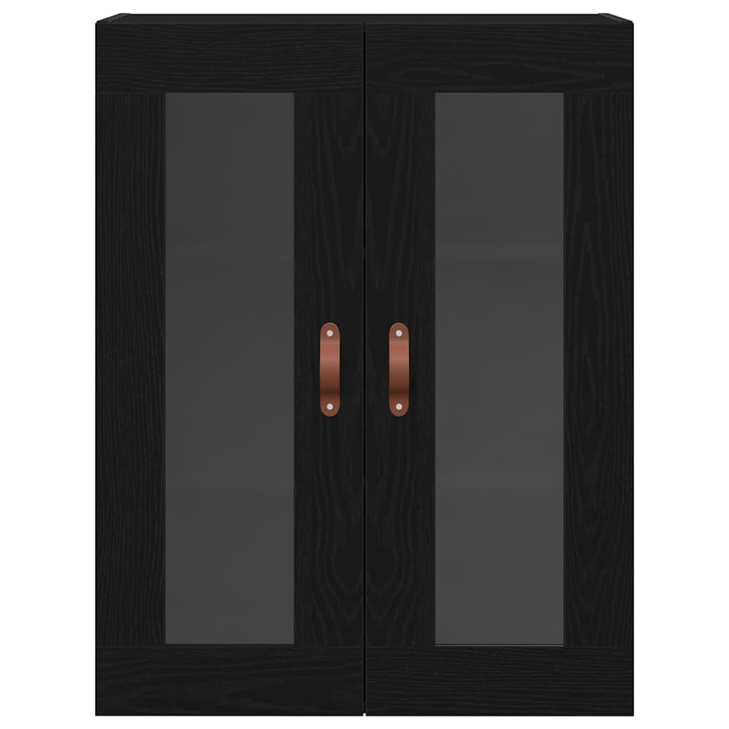 Close-up of the black oak wall cabinet with glass doors and leather handles