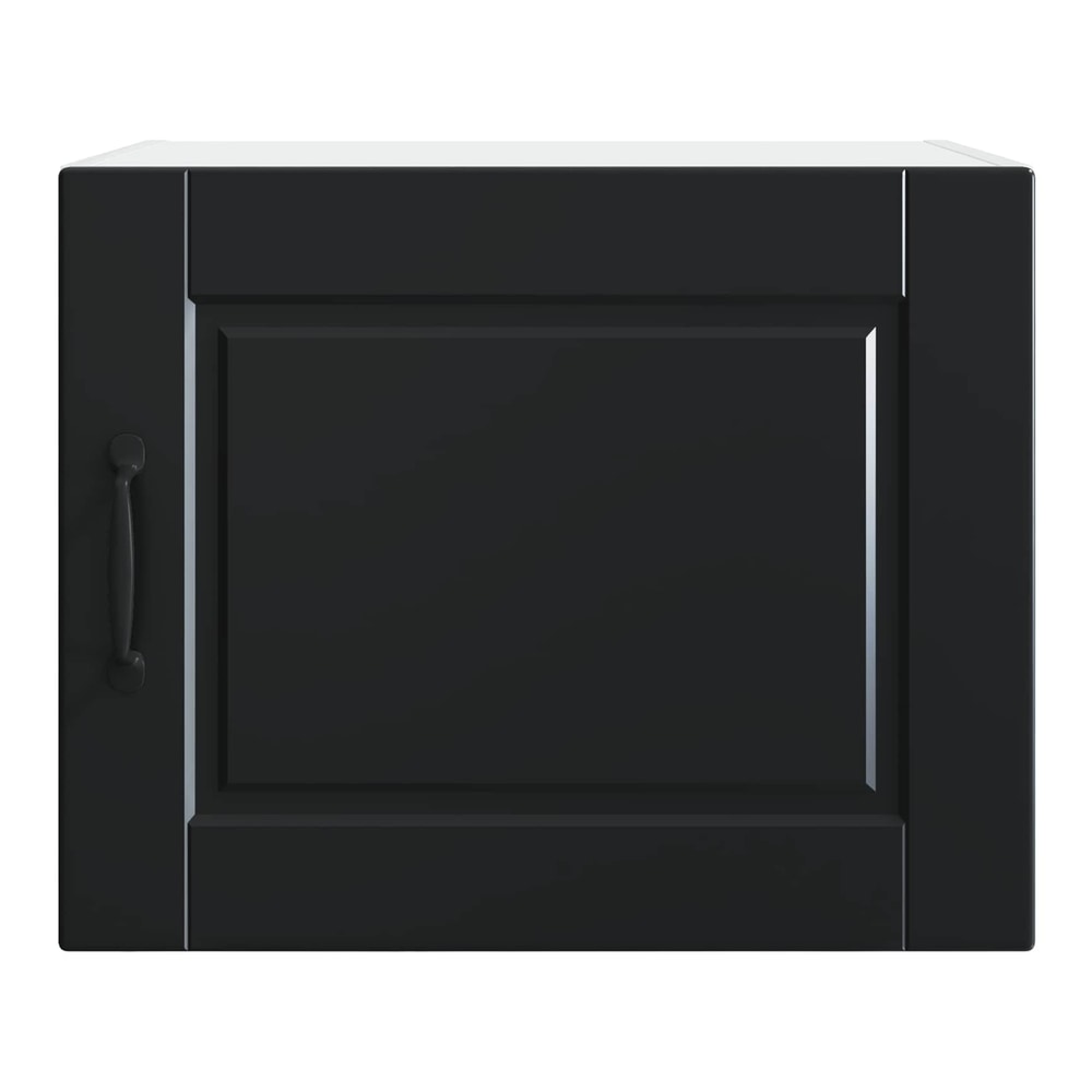 Close up of the black wall cabinet door with handle